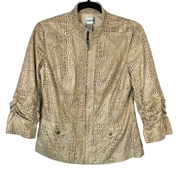 Chico's Size 0 Zipper Front Jacket Mock Neck Light Weight Faux Leather Texture - Picture 1 of 8